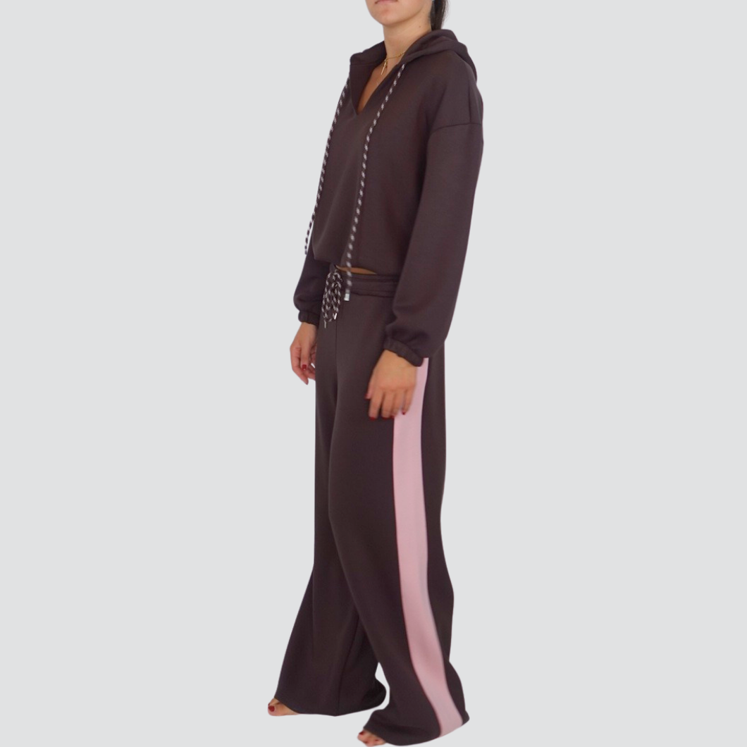 Haveone pantalone sportivo palazzo moro neoprene banda laterale rosa elastico vita 55% poliestere 40% rayon