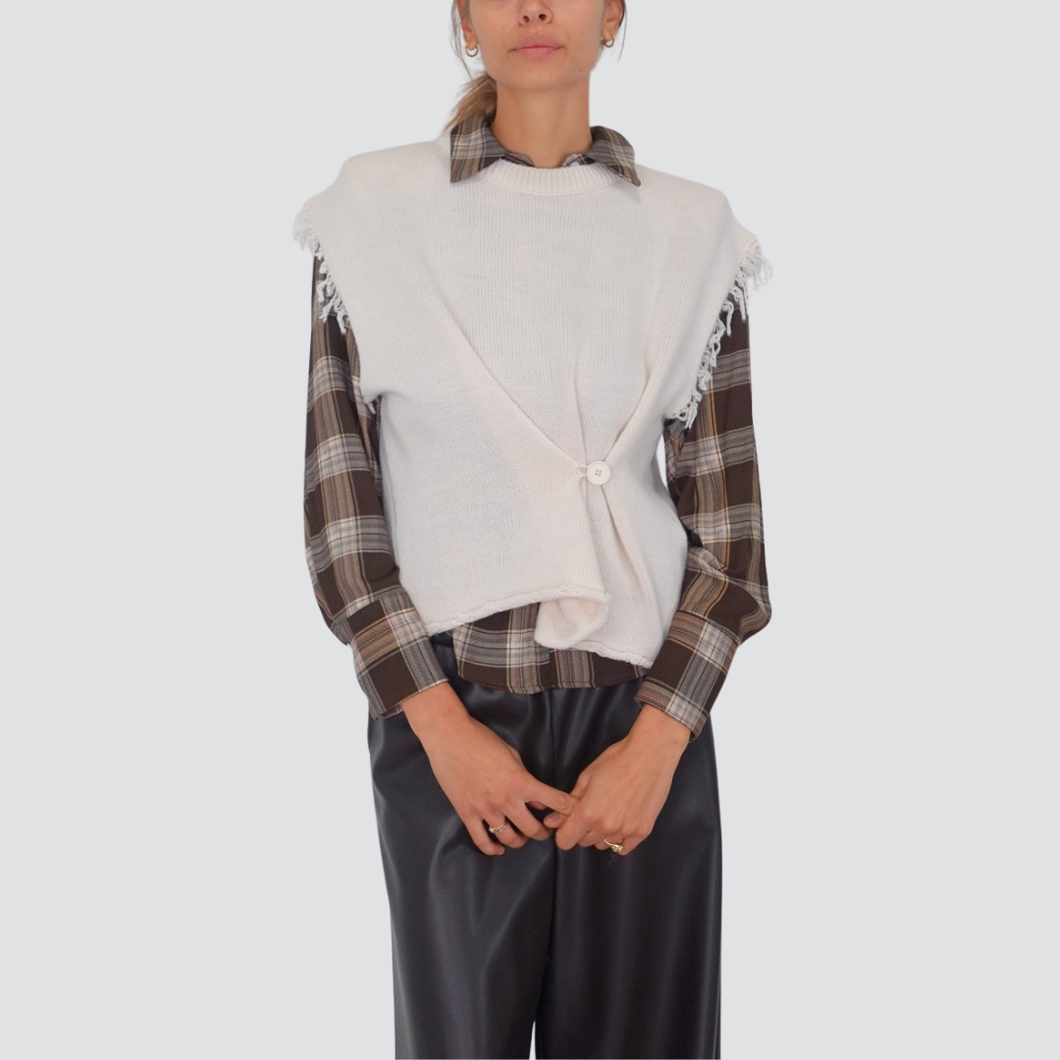 Haveone gilet girocollo con bottone laterale e frangie Art LFP-P048