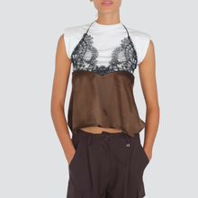 Carica l&#39;immagine nel visualizzatore di Gallery, Dixie top satin moro con pizzo nero e t-shirt spallini 100% viscosa Art T073Y065
