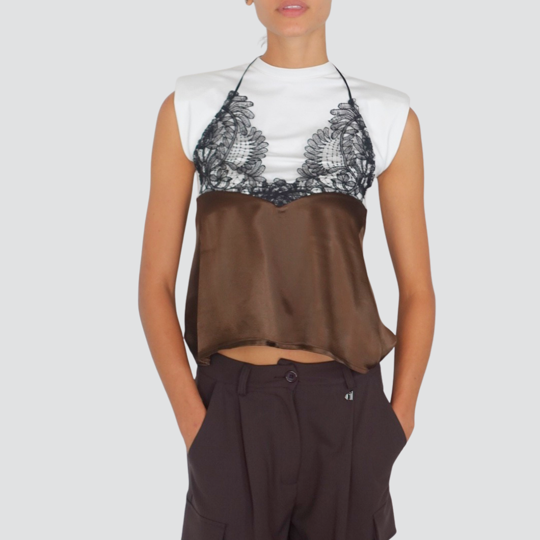 Dixie top satin moro con pizzo nero e t-shirt spallini 100% viscosa Art T073Y065