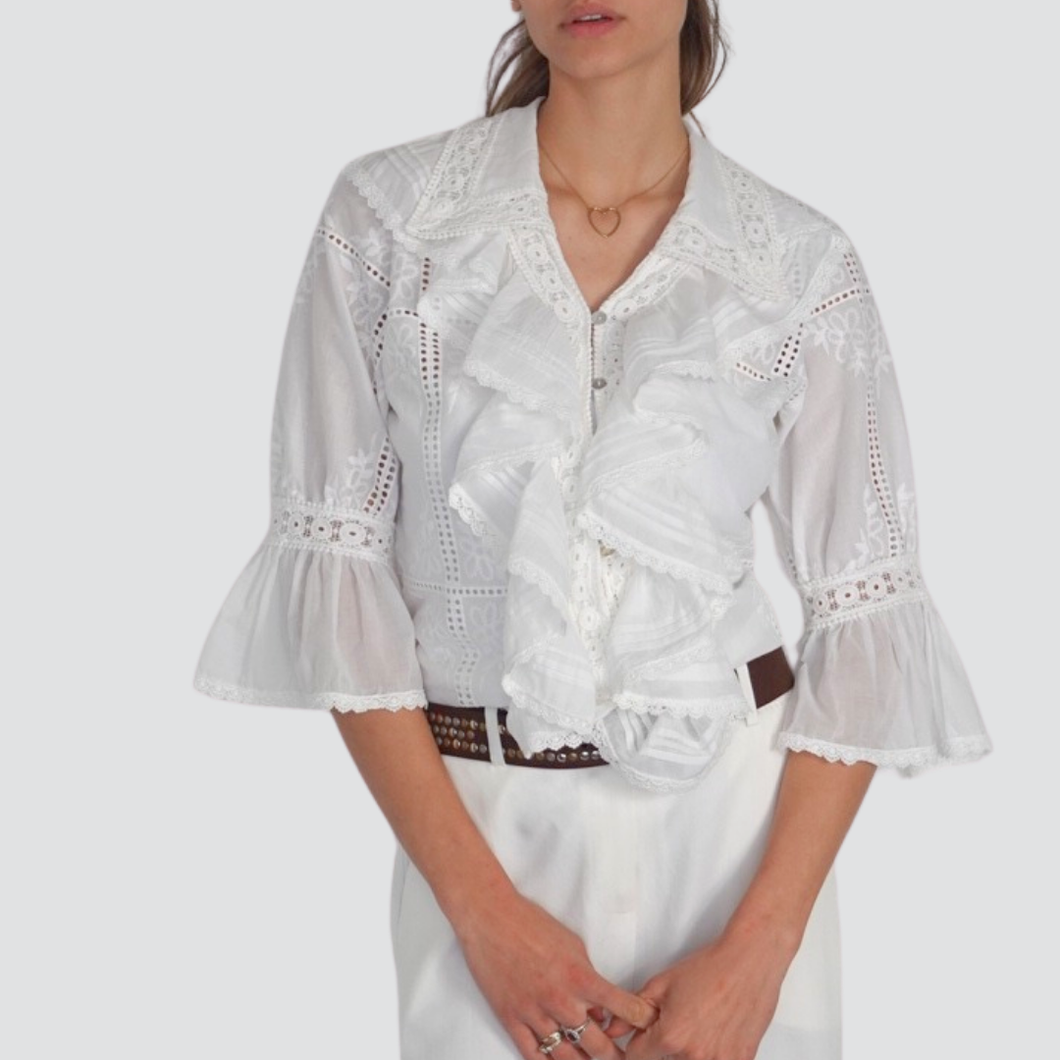 Tensione  in camicia inserti sangallo e pizzo con rouches 100% cotone Art 36811