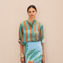 Carica l'immagine nel visualizzatore di Gallery, Haveone camicia over rigata tabacco turchese 85% lyocell Art CVS-Q422
