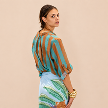 Carica l'immagine nel visualizzatore di Gallery, Haveone camicia over rigata tabacco turchese 85% lyocell Art CVS-Q422
