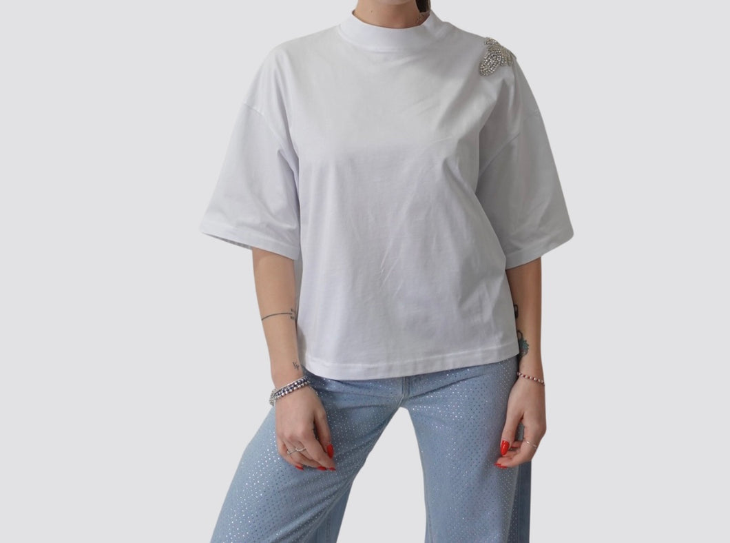 Haveone t-shirt over applicazione strass spalla 100% cotone Art TSM-N055