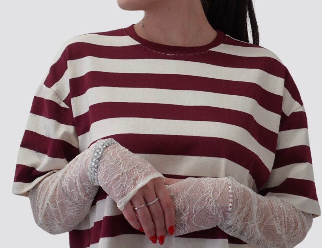 Vicolo T-shirt over rigata manica pizzo 48% cotone Art UD0176