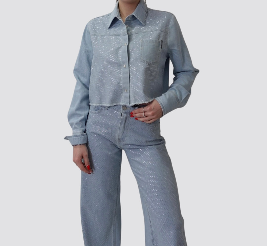 Haveone camicia corta denim full strass 100% cotone Art CGZ-N040