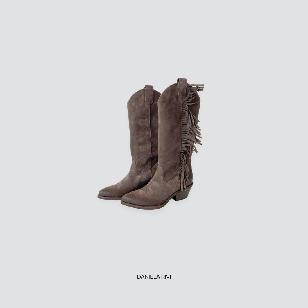 Ovyè texano frangia scamosciato vera pelle velour castagna tacco 5 cm Art RG201
