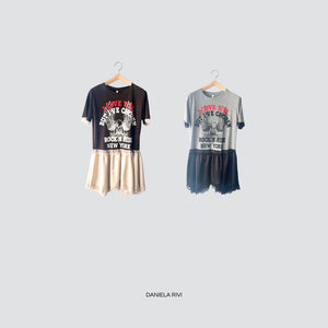 Tensione in abito t-shirt stampa gonna satin pizzo Art 37778